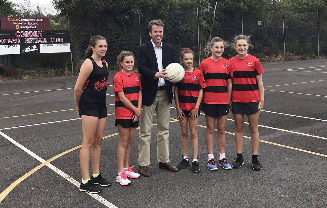HAPPY: Sarah Smith, Jess Walsh, Dan Tehan, Kate Smith, Grace Taylor and Laura Taylor at Cobden Recreation Reserve for the funding announcement. 