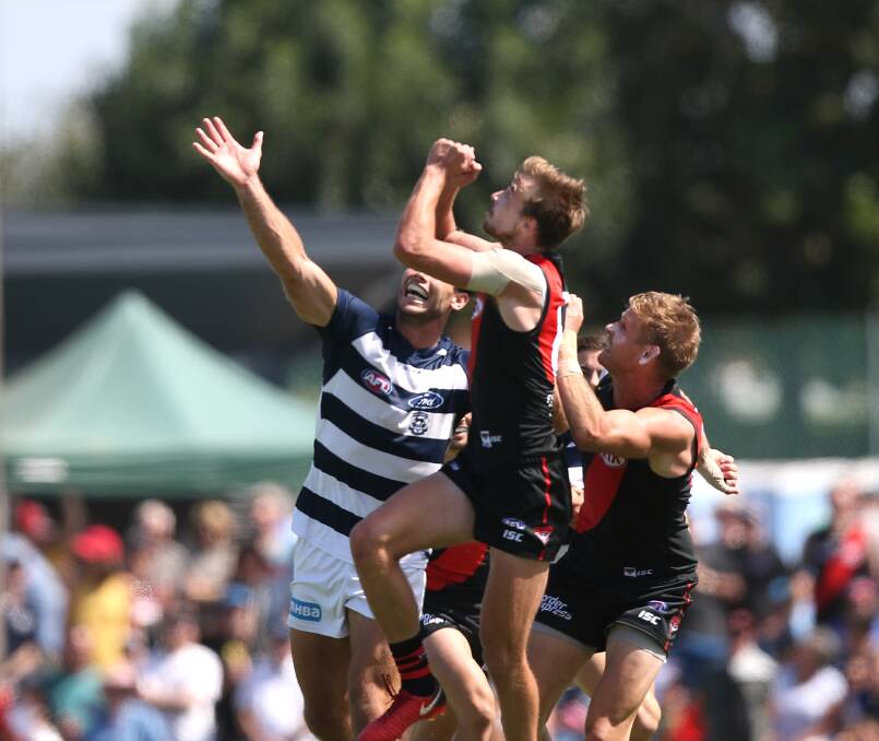 THE GAME: Essendon footballer Marty Gleeson hurt himself in a JLT Community Series match against Geelong in Colac in March. Picture: Wayne Ludbey