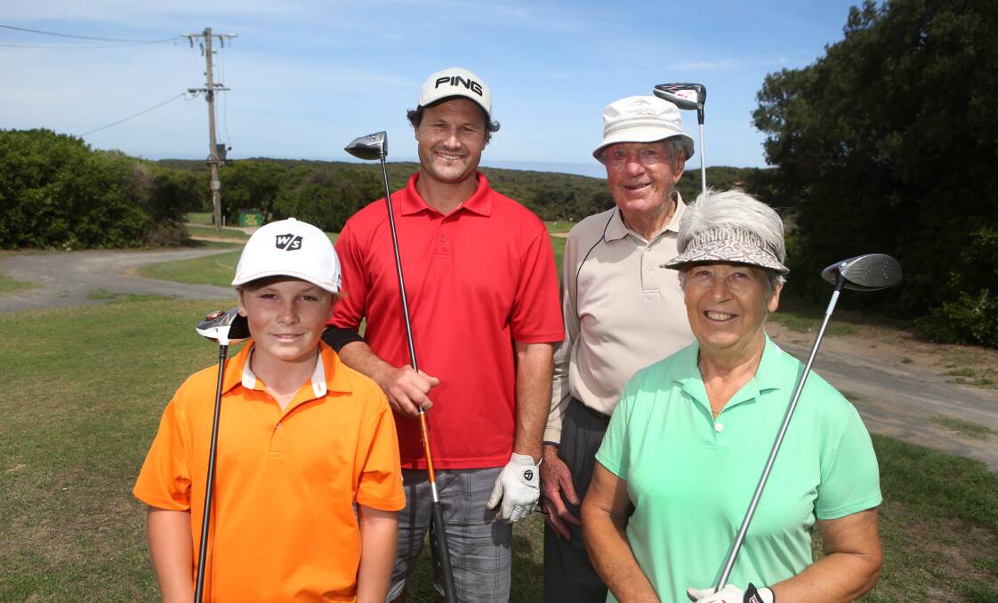 FAMILY TIME: Four generations playing in one golf team - Sam Artz, 12, Denver Artz, 39, John 'Jack' Bullen, 94, and Sue Wilton, 67, pictured together at Warrnambool Golf Club in 2016. 