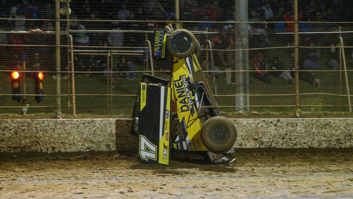 OUCH: Warrnambool's James McFadden crashed out when he was leading the A-Main on Friday night. Picture: Morgan Hancock  