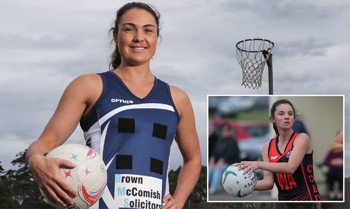 DYNAMIC: Tall goal keeper Emma Cust (Warrnambool) and short wing attack Amy Hammond (Cobden) are considered different types of threats. Pictures: Rob Gunstone, Anthony Brady