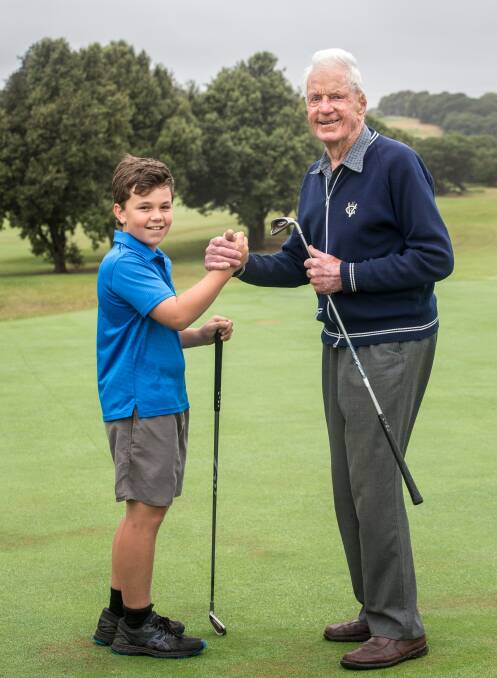 FOR THE LOVE OF THE GAME: Warrnambool Golf Club's youngest member Hugo Artz, 11, and oldest member John 'Jack' Bullen, 97, highlight the sport's ability to engage people of all ages. Picture: Christine Ansorge