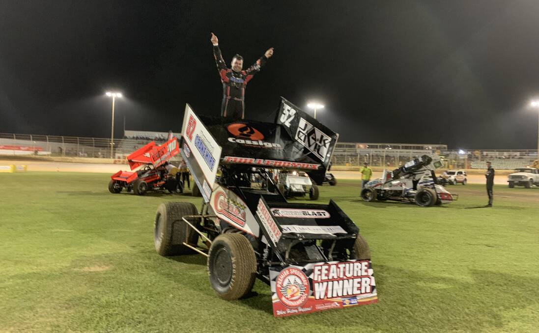 HAPPY: Warrnambool driver Darren Mollenoyux celebrates his A-Main win at Premier Speedway on Saturday night. Picture: Justine McCullagh-Beasy 
