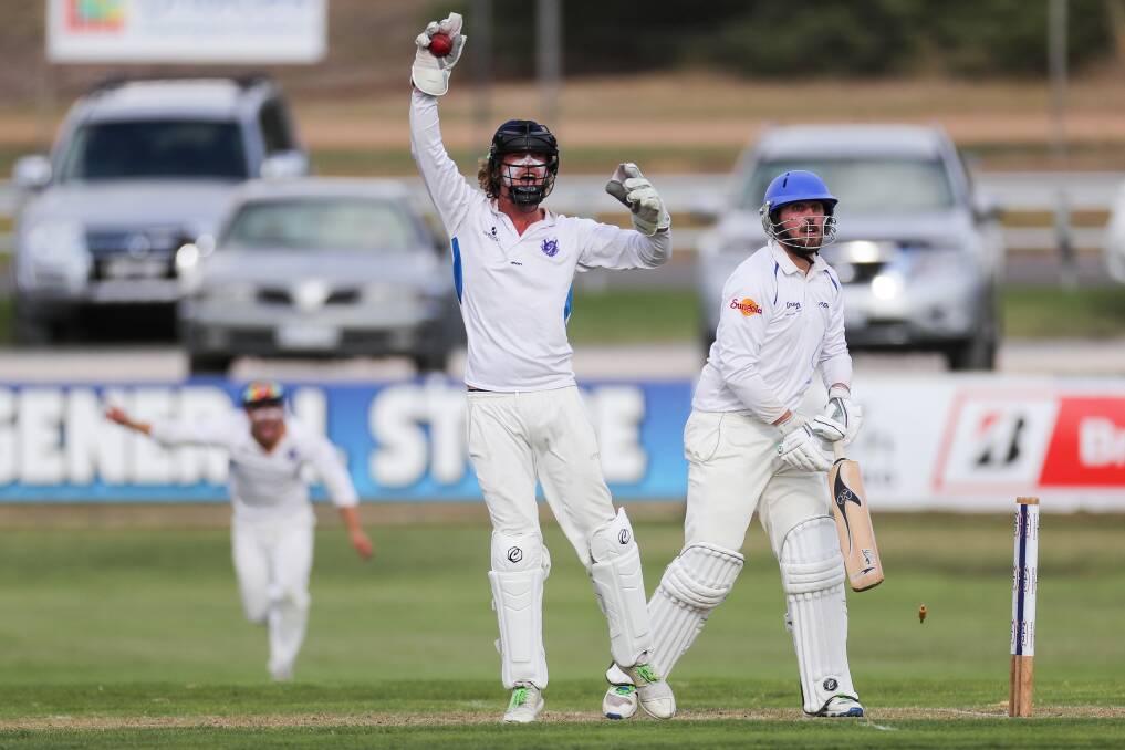 HOWZAT: Russells Creek's Cam Williams celebrates stumping Brierly-Christ Church's Lachi Rooke in the WDCA division one grand final. Picture: Morgan Hancock 