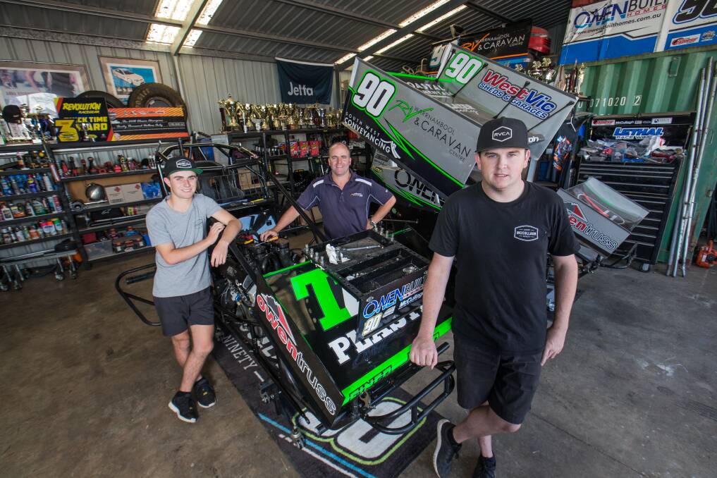 DREAM TEAM: Lachie Swayn, Murray Swayn and Corey McCullagh enjoy working together. McCullagh drives the Victoria 90 sprintcar. Picture: Christine Ansorge 