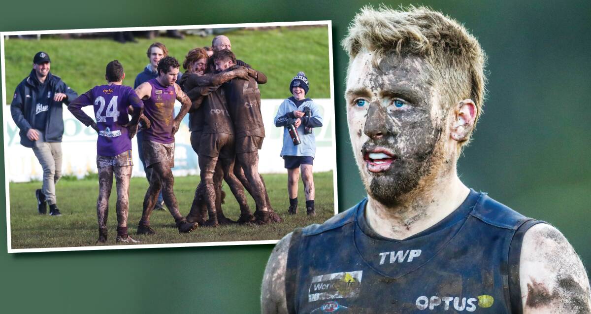 DIRTY WORK: A mud-clad Ben Fleming (right) prepares for a contest during Warrnambool's overtime first semi-final victory. Pictures: Morgan Hancock