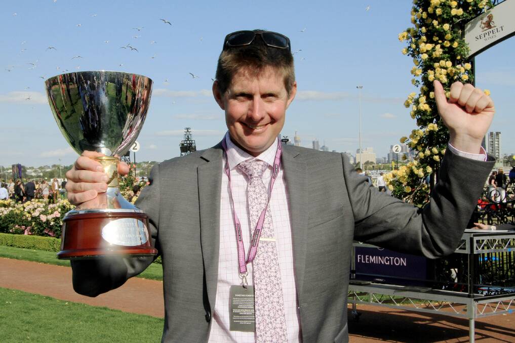 MAIDEN WIN: Warrnambool trainer Jarrod McLean celebrates winning his first group 1 race after Trap For Fools won the Mackinnon Stakes on Saturday. Picture: Colin Bull