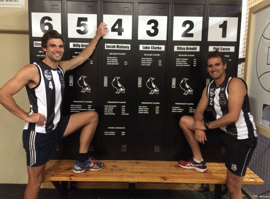HISTORY RESTORED: Camperdown captain Jacob Mahony and retired club equal games record holder Matt Sinnott with the Pies' new lockers which recognised premiership and 100-game players.