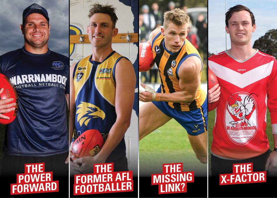 REASONS TO GO TO THE FOOTY: Darren Ewing (Warrnambool), Billie Smedts (North Warrnambool Eagles), Tom Sullivan (Port Fairy) and Charlie Lee (South Warrnambool). Pictures: Morgan Hancock, VAFA Media, Justine McCullagh-Beasy 