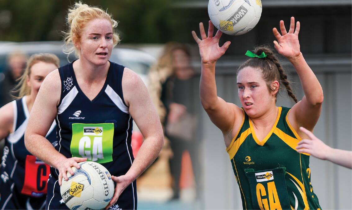 DANGEROUS DUO: Nirranda's Steph Townsend and Old Collegians' Maggie Kline are dynamic in their respective goal circles. Pictures: Anthony Brady, Morgan Hancock