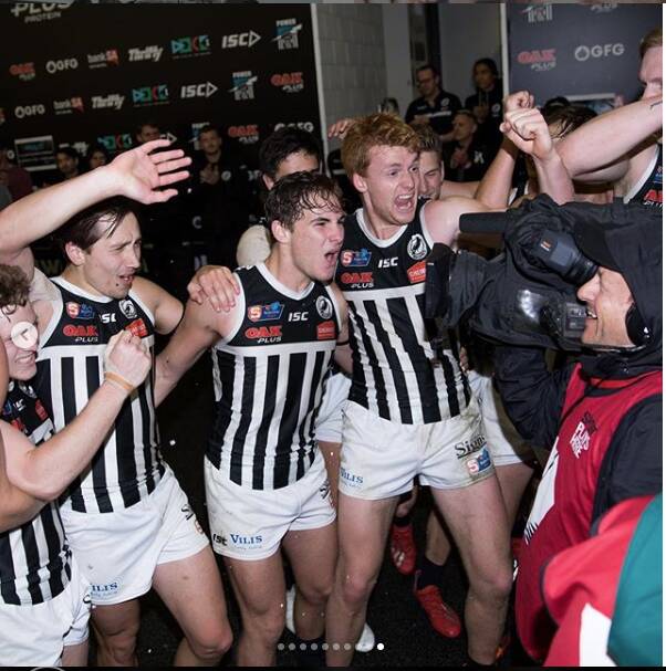 GRAND PLANS: Willem Drew (right) celebrates after Port Adelaide Magpies advanced to the 2019 SANFL grand final. Picture: PAFC Instagram