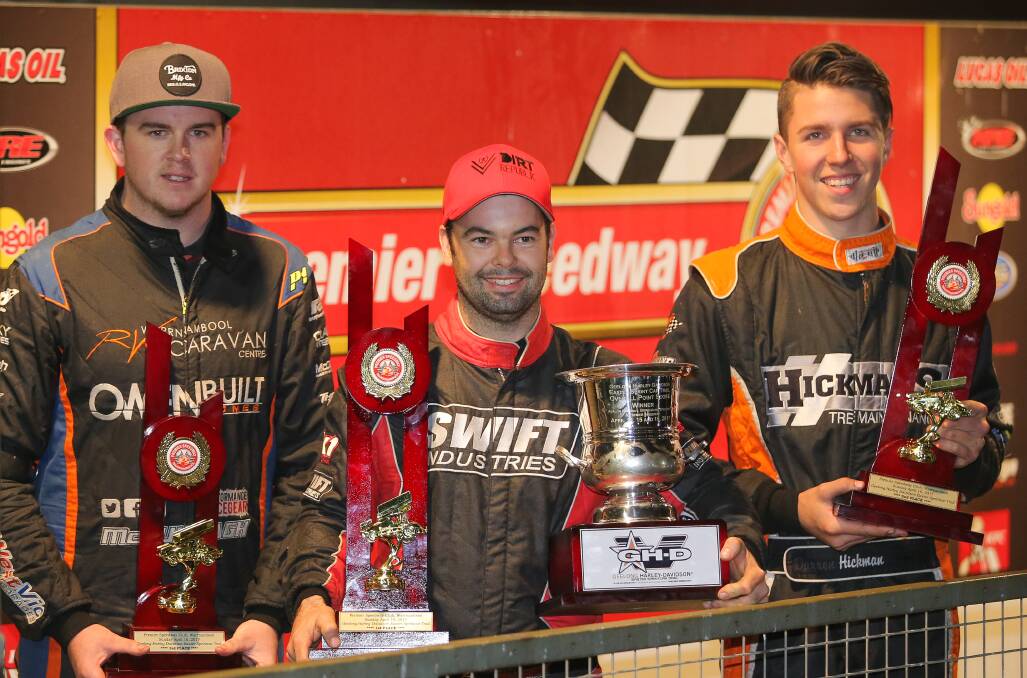PODIUM: Corey McCullagh (third), Darren Mollenoyux (first) and Rusty Hickman (second) were the best performers on night three.