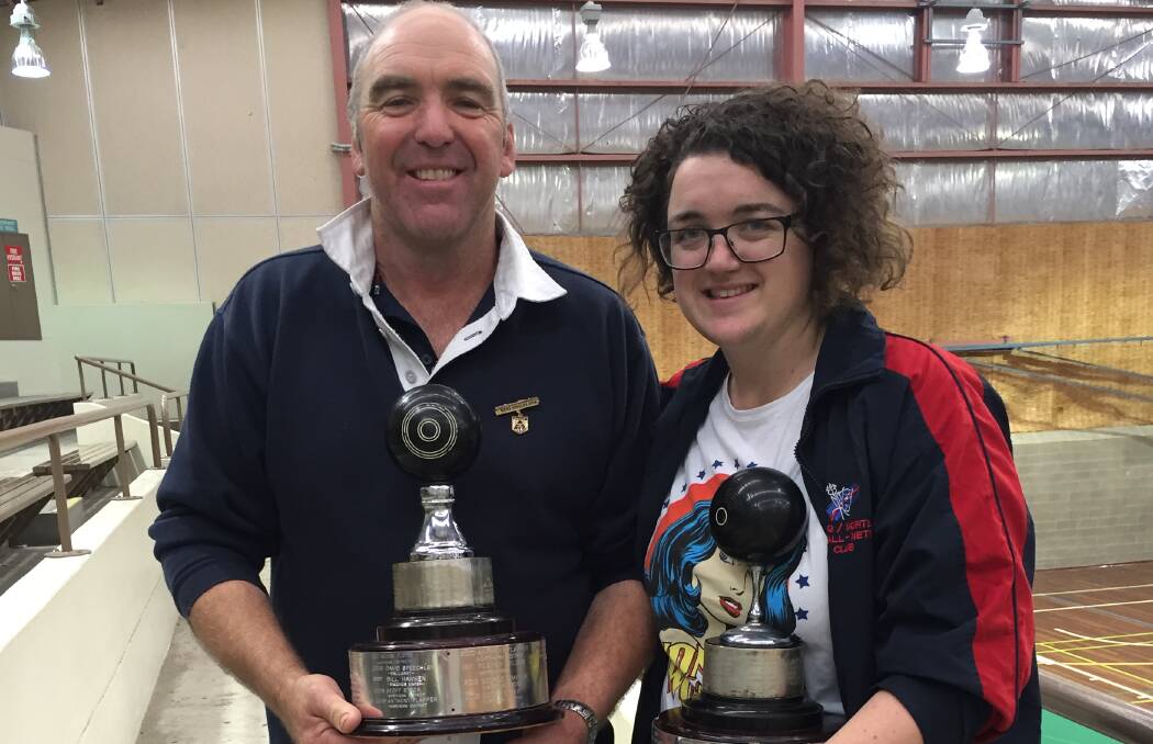 FAMILY TIES: Woolsthorpe's George Draffen and his Ballarat-based daughter Anne won indoor bowls state singles titles on the weekend.