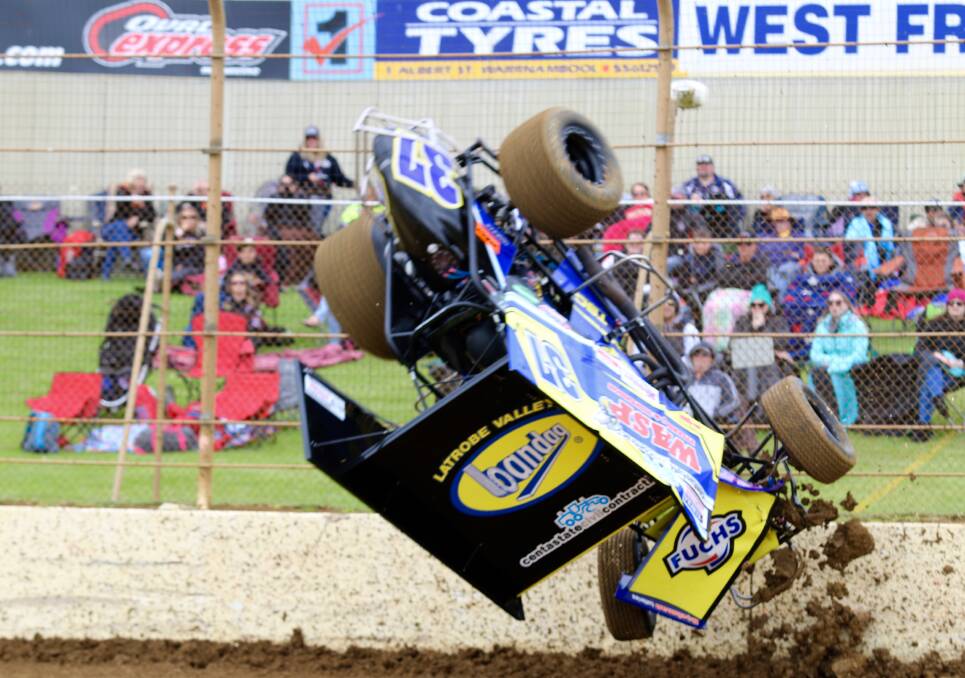 CRASHING OUT: Albury driver Grand Anderson's night came to an end in a time trial, ruling him out of the Victorian sprintcar title running on Saturday.