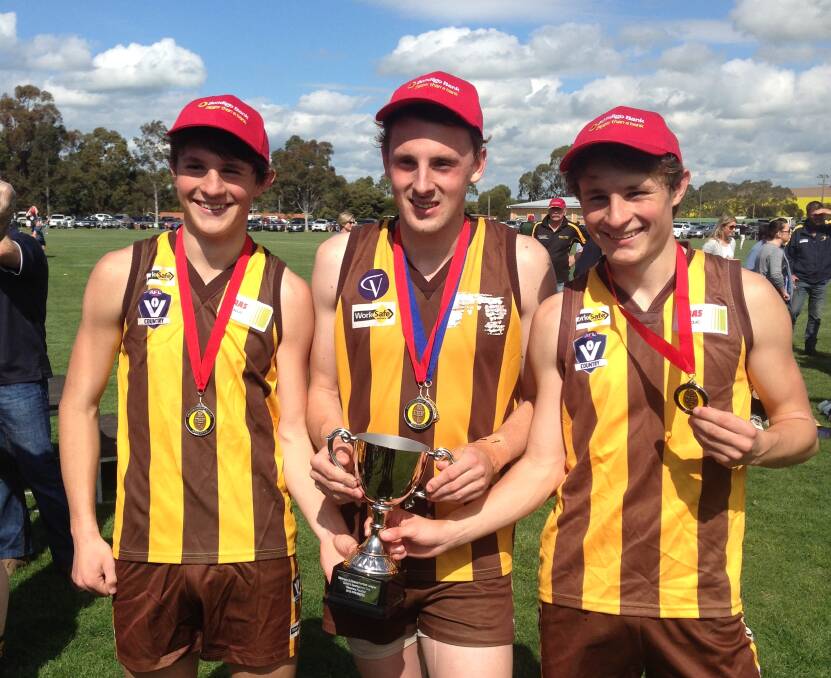 LEADER: Hawk Aiden Marr, pictured centre with his brothers Lachlan and Tyson, was best on ground in the reserves grand final.