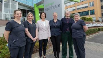 Warrnambool hospital staff Emma Couch, Mia Wolff, Kate Turner, Rosy Buchanan and Louise Davis with Labor MP Jacinta Ermacora (third from left) at South West Healthcare which will get a new PET scanner. Picture by Anthony Brady
