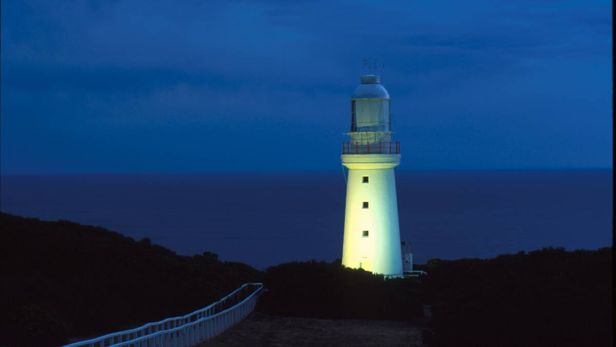 The Cape Otway lighthouse at night. 