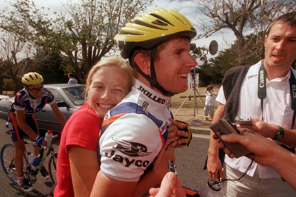 'GOOD JOB': Jamie Drew is congratulated by his now wife Annabelle back in 2000 when he won the Australian Road Race Championships.