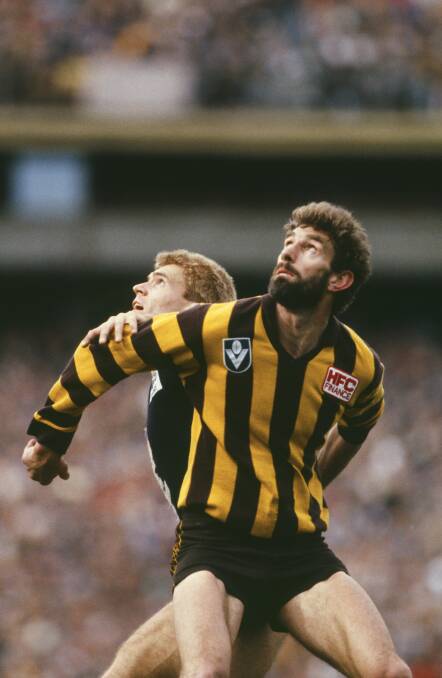 Big names: Hawthorn's Michael Tuck and Carlton's Adrian Gleeson compete for the ball during a VFL match in the 1980s.