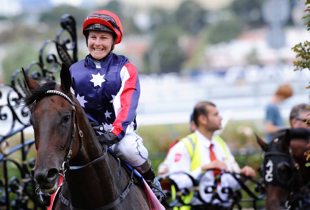 GRAND CAREER: Former Warrnambool jockey Clare Lindop pictured after winning the Victoria Derby in 2008. She has retired from the sport.