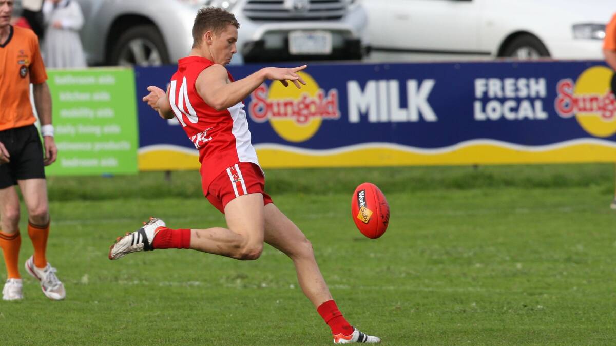 BACK IN THE DAY: Joe Dalton gets a kick away for South Warrnambool in 2012, his final year at the club.