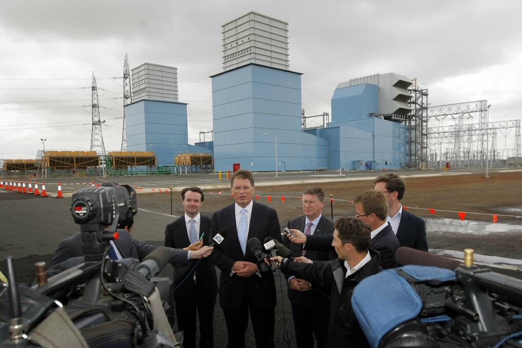Three leaders: Then Premier Ted Baillieu talks to the media at the official opening of the Mortlake gas fired power station in 2012, flanked by Minister for Energy and Resources (now Opposition Leader) Michael O'Brien and local MP (and former Premier) Denis Napthine.