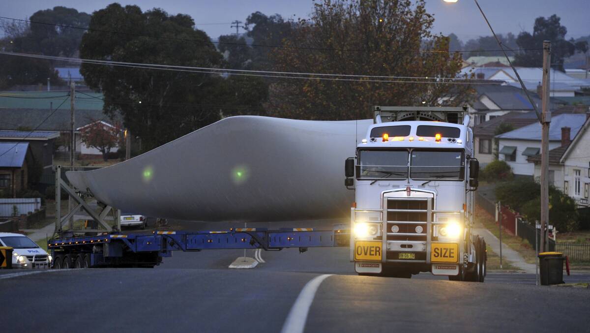 Bang: A wind turbine blade wide load, similar to this, was involved in a collision with a power pole at Hamilton this morning.