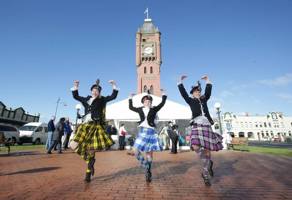 Robert Burns Scottish Festival Camperdown: Ingrid Bellman, 10, from Cobden, Mackenna Huth, 10, from Colac and Louise Carr, 12, from Melbourne practise at the festival.