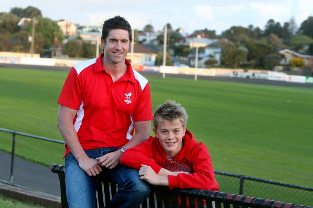 FLASHBACK: Matthew Monk and 14-year-old son Harry Monk in 2013. Six years on, Harry is preparing to make his first senior appearance for South Warrnambool.