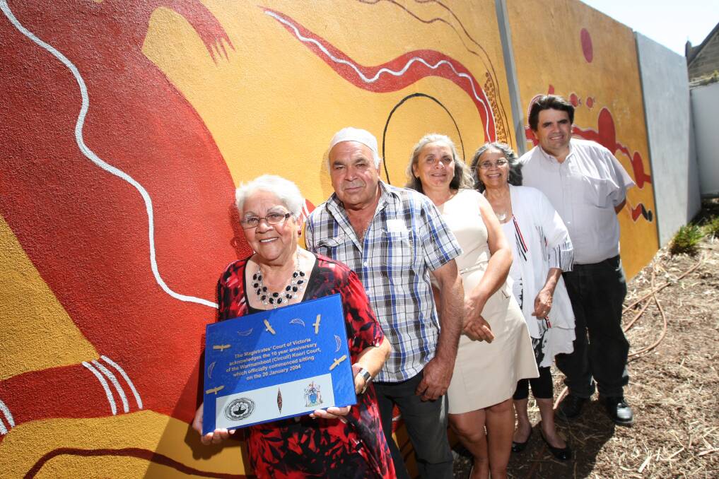 Michael Bell (back) pictured at the 10 year anniversary of Warrnambool Koori Court in 2014 with Elders and Respected Persons Aunty Laura Bell, Uncle Lenny Clarke, Denise Lovett and Aunty Christina Saunders.