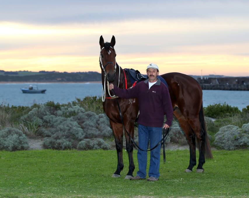 MEMORIES: Part-owner Brian Salmon pictured with Cats Fun at Warrnambool beach in 2014. 
