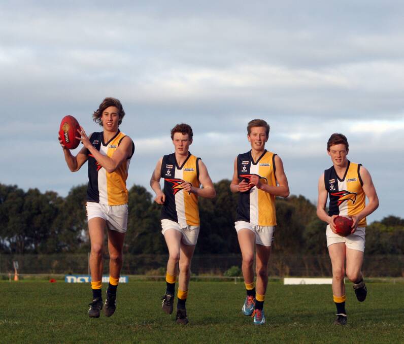 FLASHBACK: North Warrnambool Eagles' Zac Bussell, 16, Tom James, 15, Jye O'Brien, 15, Sam James, 15, pictured in 2014 before the Hampden league under 16 grand final. Fast forward four years and they're members of the Eagles' senior team.