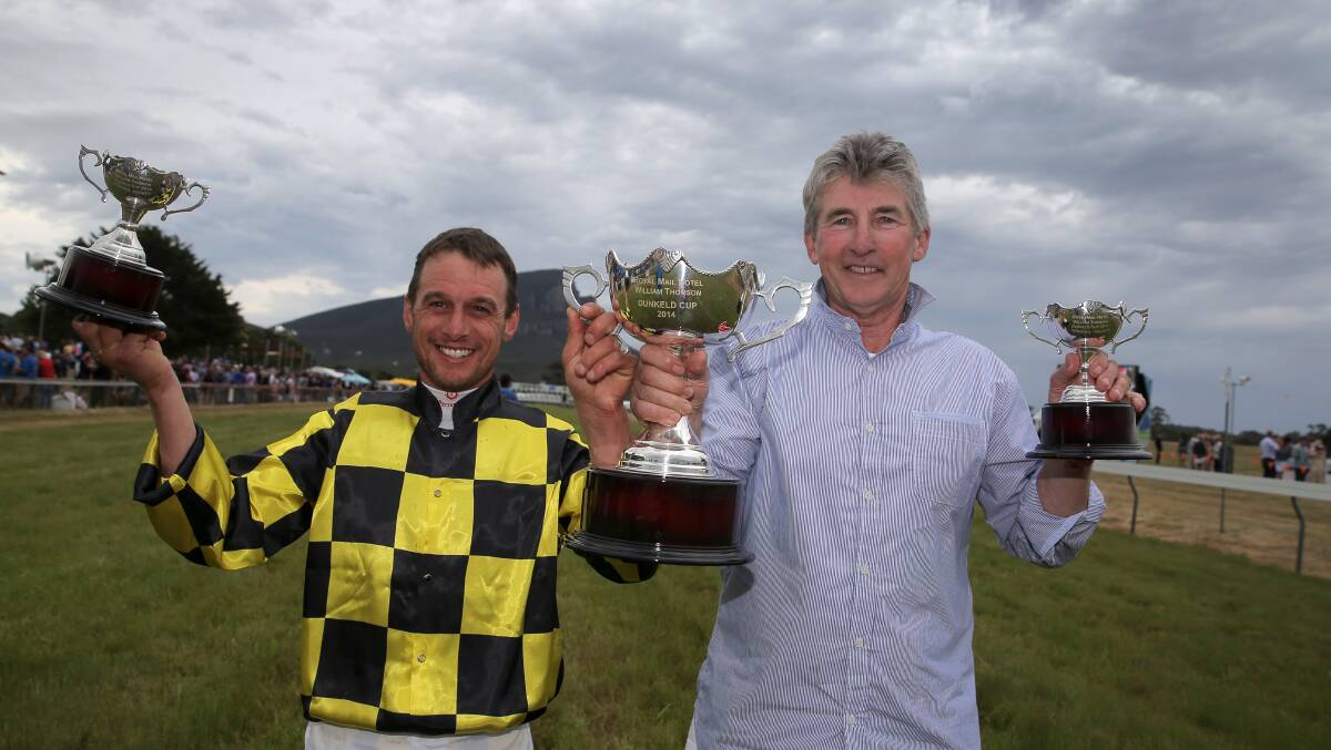ANOTHER CRACK: Bill Cerchi (right) is looking to secure his second Dunkeld Cup. His last winner was Diamonds at Noon in 2014, which was ridden by jockey Steve Vella. Picture: Rob Gunstone