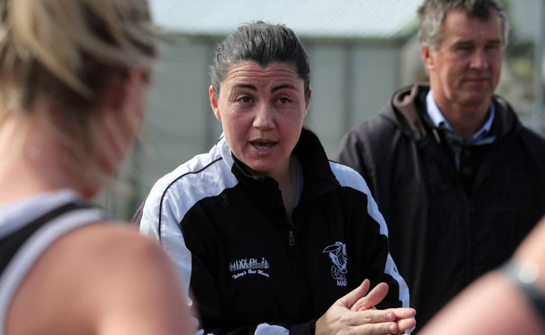 Leader: Leah Sinnott directs her players during her Camperdown days. She has recently taken on the Timboon Demons' coaching role. Picture: Rob Gunstone