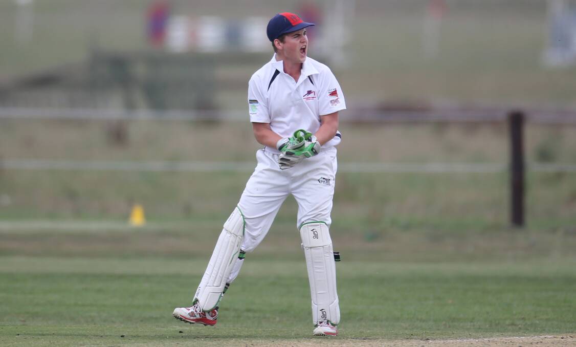 Hamish Huffadine celebrates Terang batsman Tom Moloney being caught out. Picture: Amy Paton