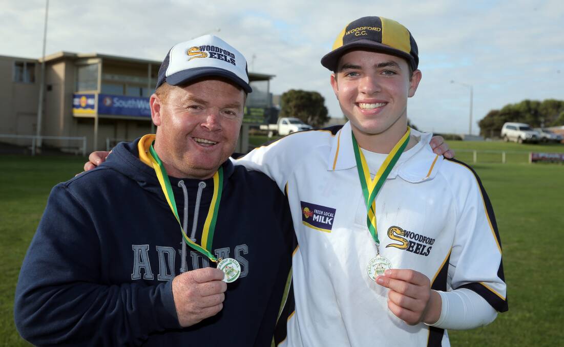 FAMILY BOND: Proud dad Anthony Jackson with his son Tommy Jackson, then 15, after the 2015-16 Warrnambool and District Cricket Association division one grand final. Picture: Rob Gunstone