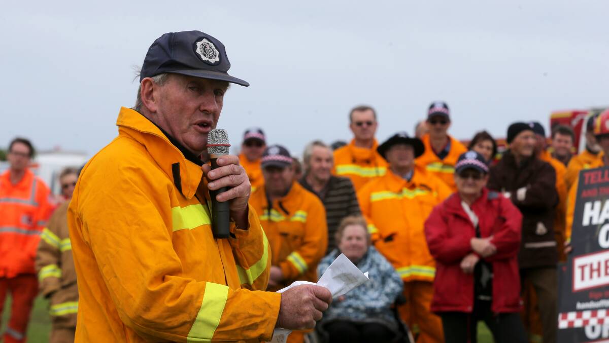 CFA volunteer members representative Owen O'Keefe speaks at a 2016 Warrnambool rally against the state government's plans to restructure the CFA.
