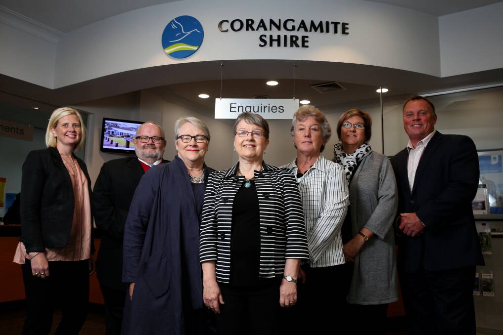 The 2016 Corangamite Shire Council, Jo Beard, Neil Trotter, Bev McArthur, Helen Durant, Lesley Brown, Ruth Gstrein, and Simon Illingworth. Picture: Rob Gunstone