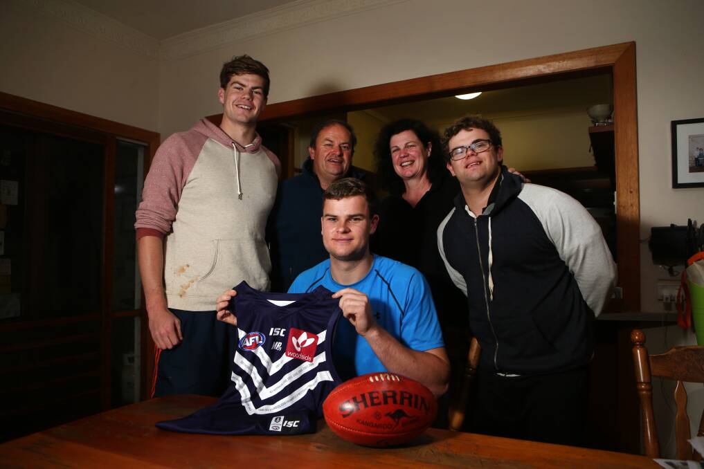 THROWBACK Cobden player Sean Darcy celebrated being drafted to Fremantle at pick 38 with his family at its South Purrumbete home in 2016. 