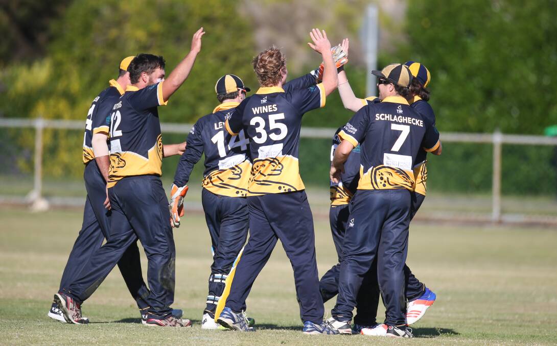Woodford players celebrate a dismissal. Picture: Amy Paton