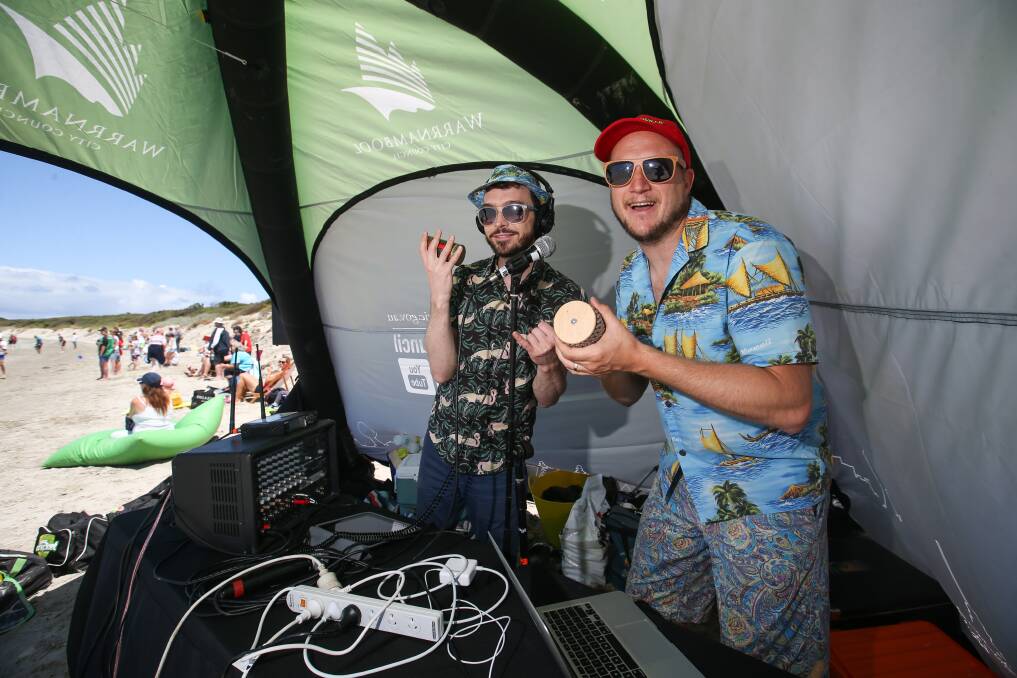 Tune in: Local DJs Gus Franklin and Jordan Lockett brought some song and dance to the Warrnambool main beach during Tunes in the Dunes 2017. 