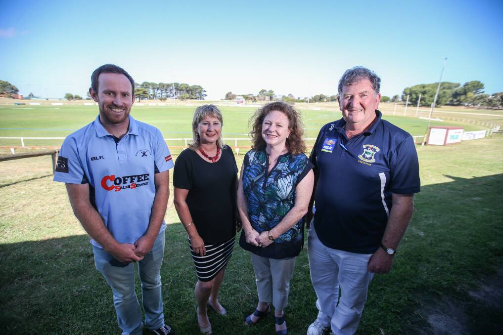 Wesley CBC cricket club secretary Jeremy Gillies, Western Victoria MP Gayle Tierney, Warrnambool City Council mayor Kylie Gaston and WDCA president Gordon McLeod celebrate the news of $100,000 funding for Walter Oval. Picture: Amy Paton