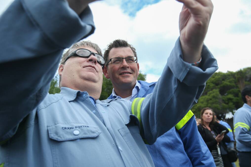 DEAL NEEDED: Victoria Premier Daniel Andrews takes a selfie with a smelter worker while announcing a deal to save the site in 2017. Picture: Amy Paton