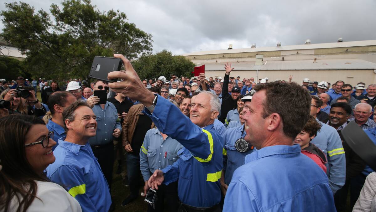 Future unclear: Then Prime Minister Malcolm Turnbull takes a selfie with a smelter worker after helping to save the plant in December 2017. Picture: Amy Paton
