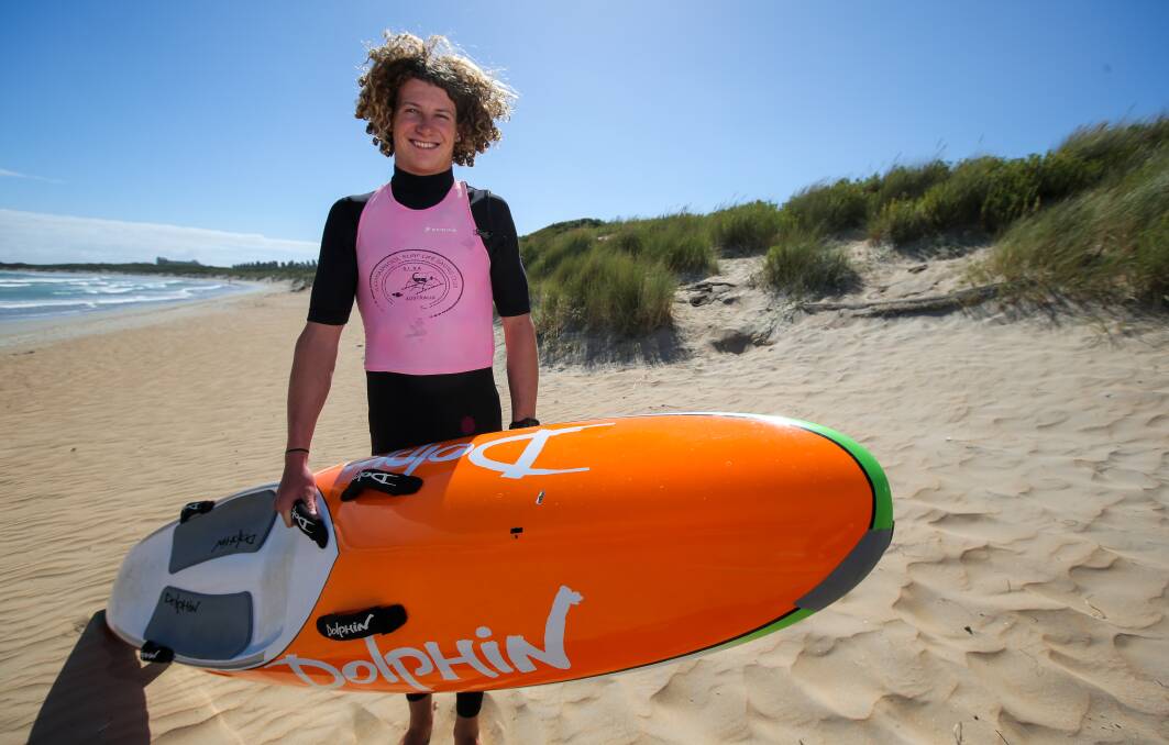 STATE CHAMP: Warrnambool Surf Lifesaving Club's Matt Hardiman overcame a tight final beach sprint to be crowned dual winner in the men's board race in Adelaide last Friday. Picture: Rob Gunstone