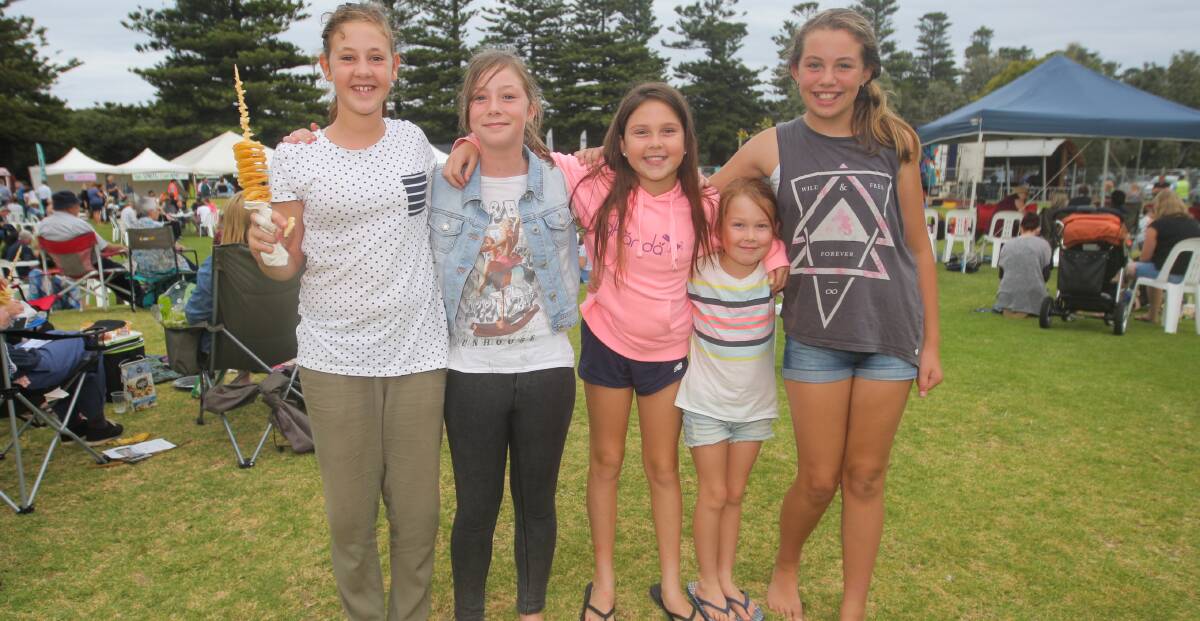 Gemma Creed, 12, Ally Roberts, 10, Felicity Roberts, 11, Jessica Roberts, 7 and Brianna Coppin, 11 of Warrnambool, have a great time at Lake Pertobe.