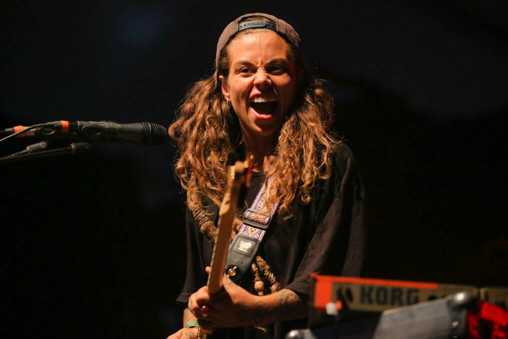 TALENT: Tash Sultana gets right into the task of entertaining the masses during her show in stage one on Saturday night. Picture: Morgan Hancock