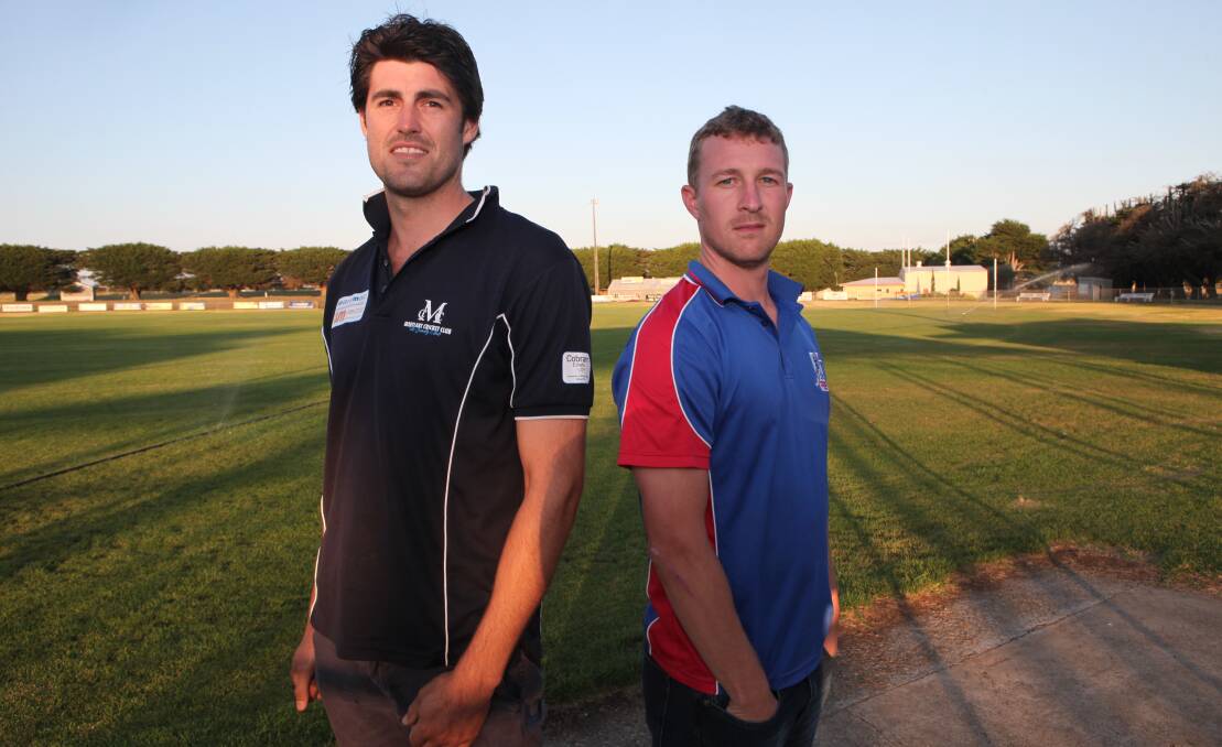 POWER CLASH: Mortlake captain Todd Lamont is looking to lead the Cats to another premiership, while Terang captain Brett Hunger is striving for a win in the club's first grand final in six years. Picture: Nick Ansell