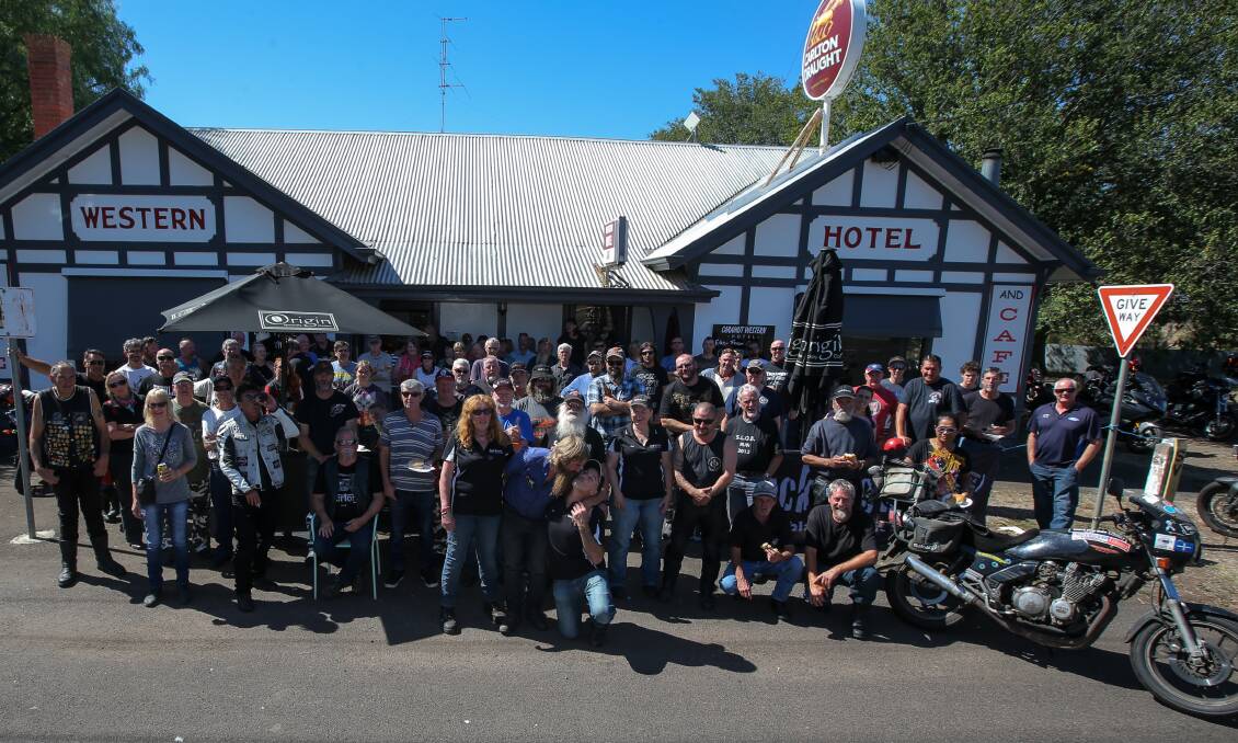 120 riders and passengers stopped for lunch at the Western Hotel, Caramut, at the end of the 2017 Black Dog Ride. Picture: Rob Gunstone