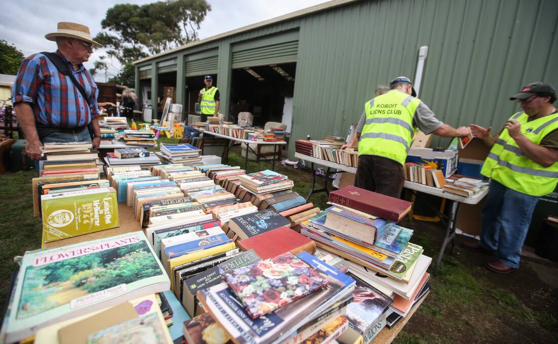 WELL READ: The book stall at the Koroit Lions Club annual swap meet. Books will be part of what is on offer when the storage shed is open on Saturday. 